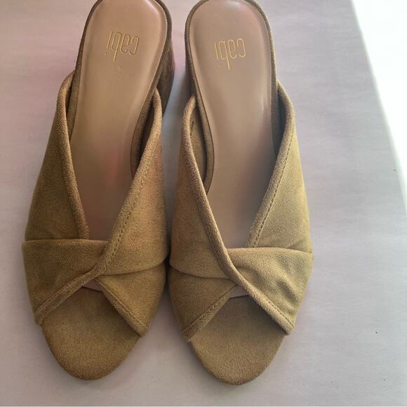 Cabi Mules Womens 7M Marigold Tan Block Heel Casual Slip Op Peep Toe Twisted Top - Picture 2 of 11